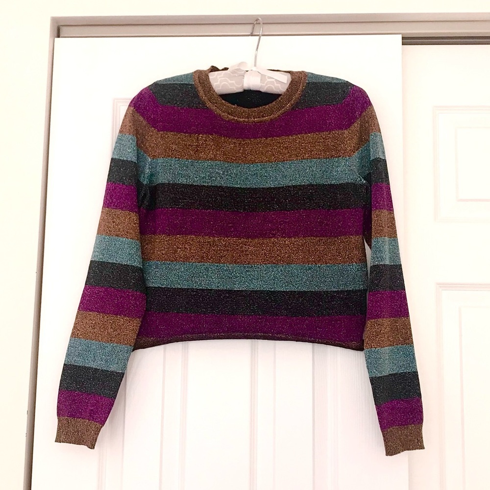 FOREVER 21 Colourful Metallic Long Sleeve Shirt, Stripe Sparkle Blue, Gold, Med